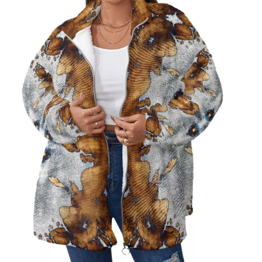 Tie Dye Silver Brown Zip Up Fleece Soft Velour Jacket Synchilla Size Extra Large - Picture 2 of 13